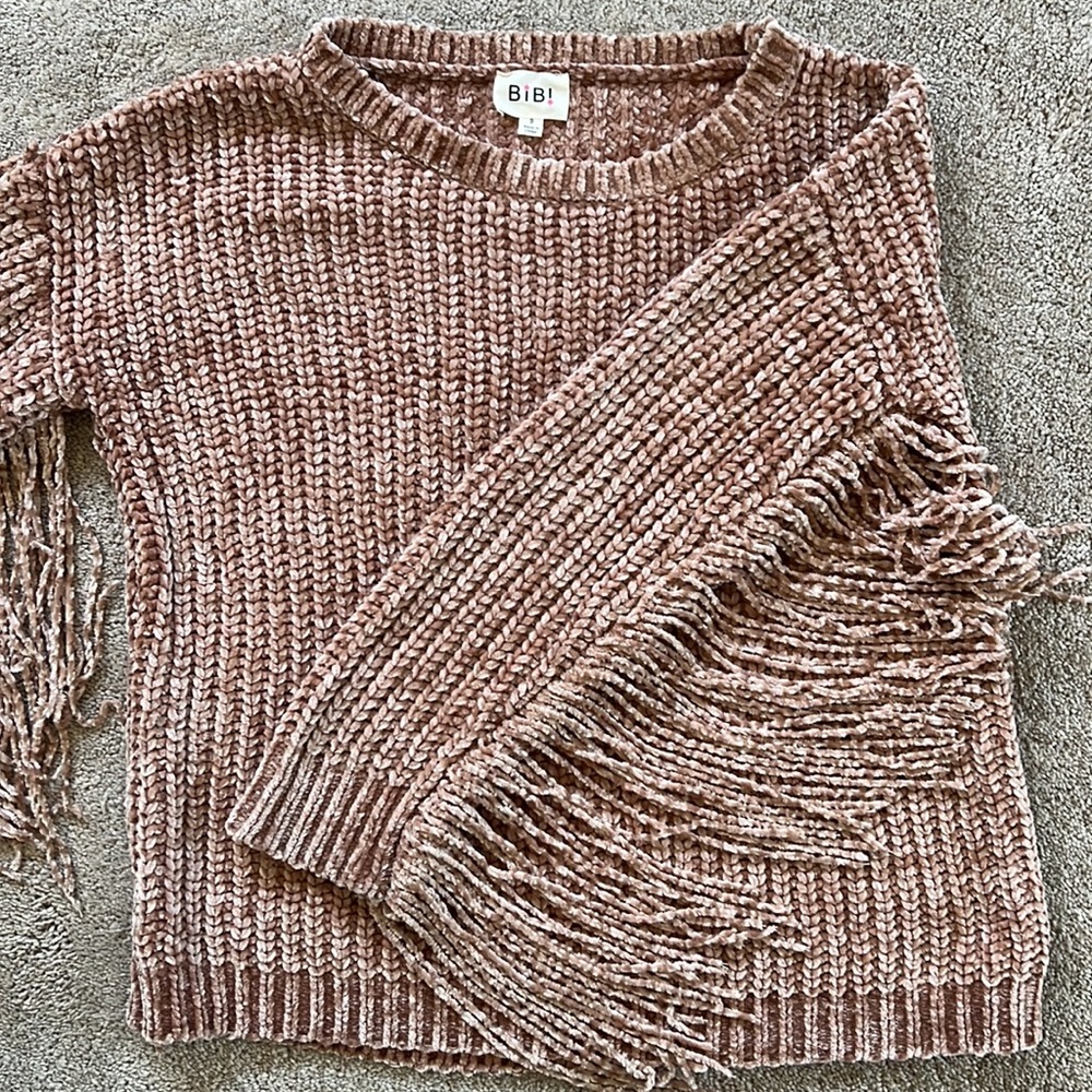 Super soft taupe/tan, Chenille fringe sleeve sweater, by BiBi